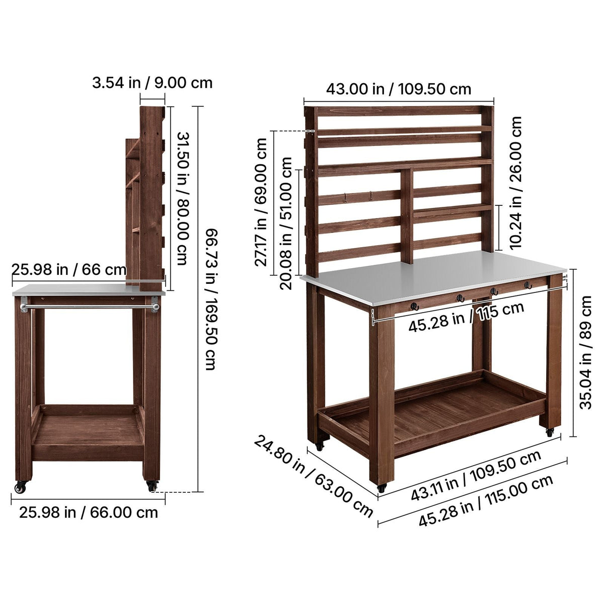 Potting Bench Table, Outdoor Gardening Workstation with 45 x 26 in Stainless Steel Tabletop, Storage Shelves, 4 Casters, Hooks, Garden Planting Work Station for Outside Patio, Backyard, Brown