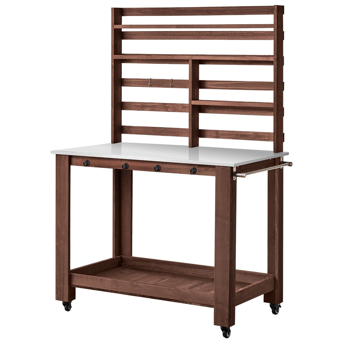 Potting Bench Table, Outdoor Gardening Workstation with 45 x 26 in Stainless Steel Tabletop, Storage Shelves, 4 Casters, Hooks, Garden Planting Work Station for Outside Patio, Backyard, Brown