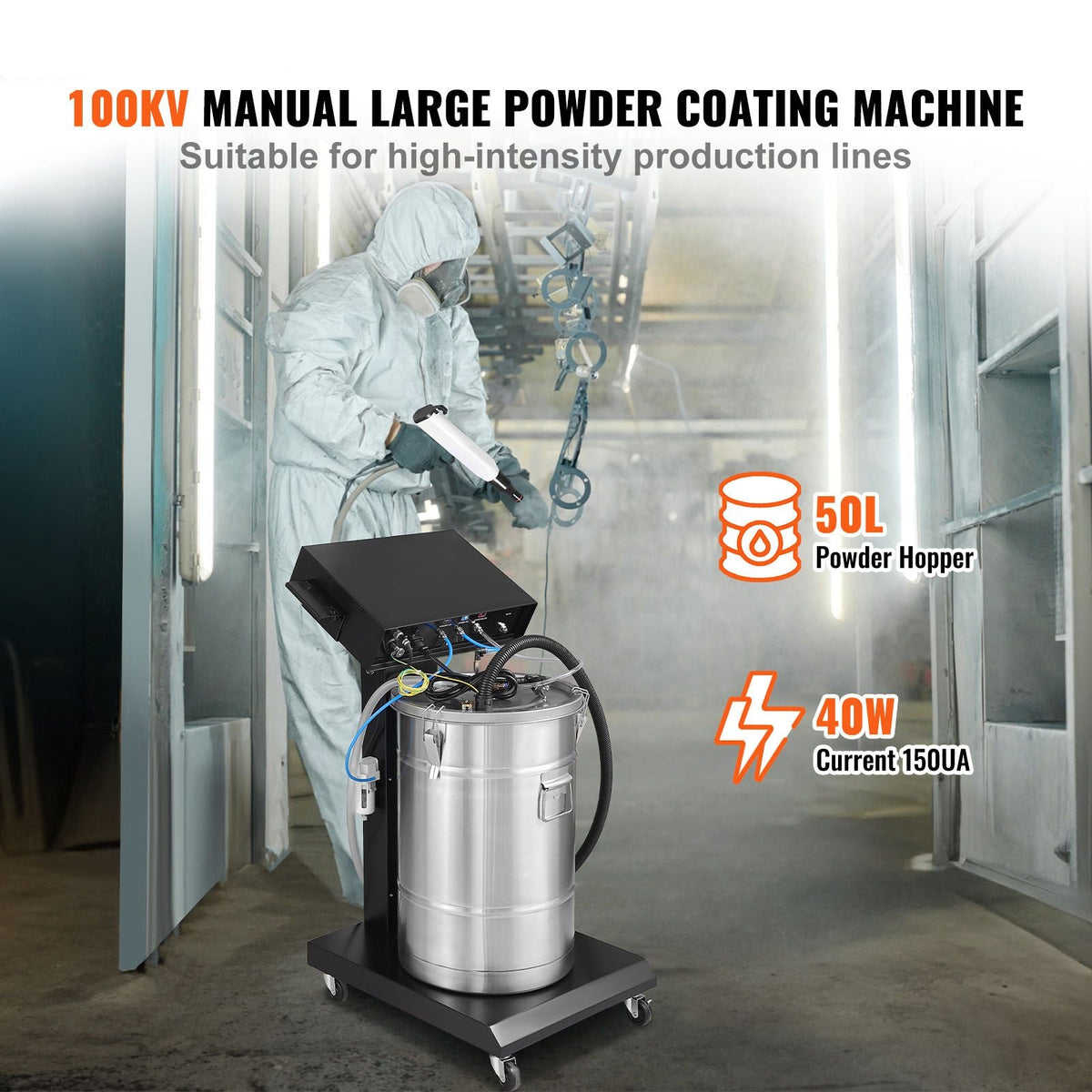 Powder Coating System, 40 W 100KV Electrostatic Output Powder Coating Kit with 50L Powder Hopper, 450g Per Minute Powder Coating Machine with Spray Gun and Trolley Base, for Indoor and Outdoor