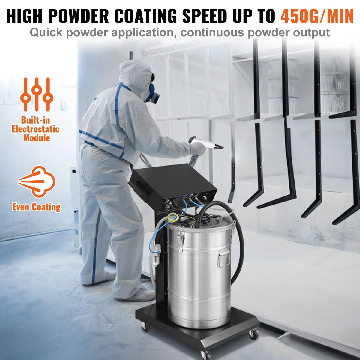 Powder Coating System, 40 W 100KV Electrostatic Output Powder Coating Kit with 50L Powder Hopper, 450g Per Minute Powder Coating Machine with Spray Gun and Trolley Base, for Indoor and Outdoor