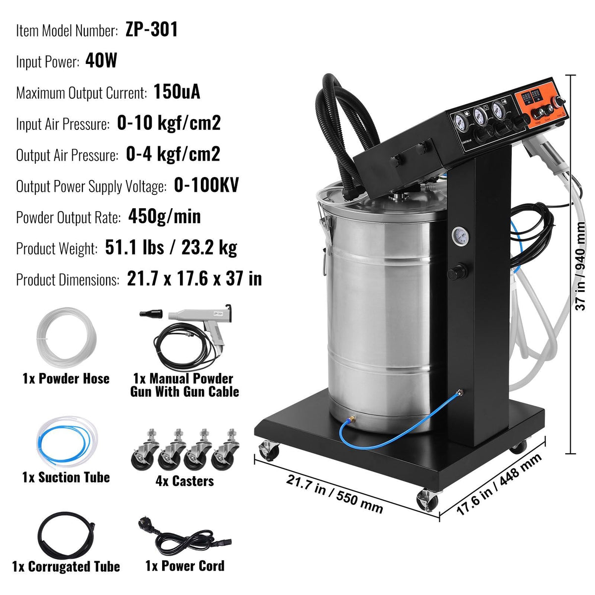 Powder Coating System, 40 W 100KV Electrostatic Output Powder Coating Kit with 50L Powder Hopper, 450g Per Minute Powder Coating Machine with Spray Gun and Trolley Base, for Indoor and Outdoor