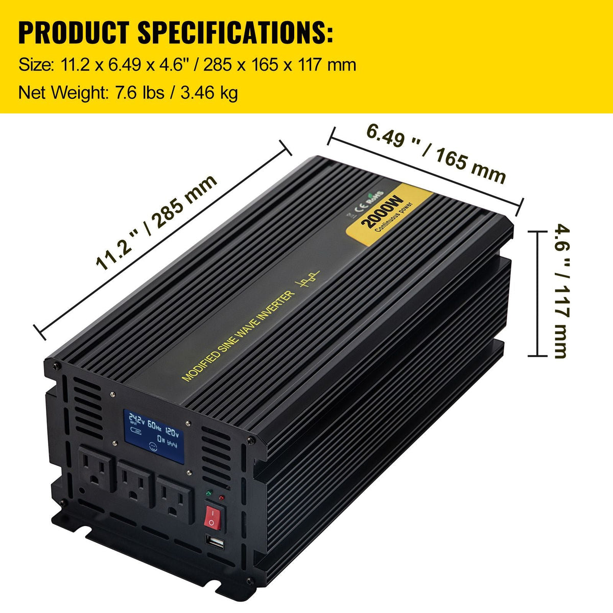Power Inverter, 2000W Modified Sine Wave Inverter, DC 12V to AC 120V Car Converter, with LCD Display, Remote Controller, LED Indicator, AC Outlets Inverter for Truck RV Car Boat Travel Camping