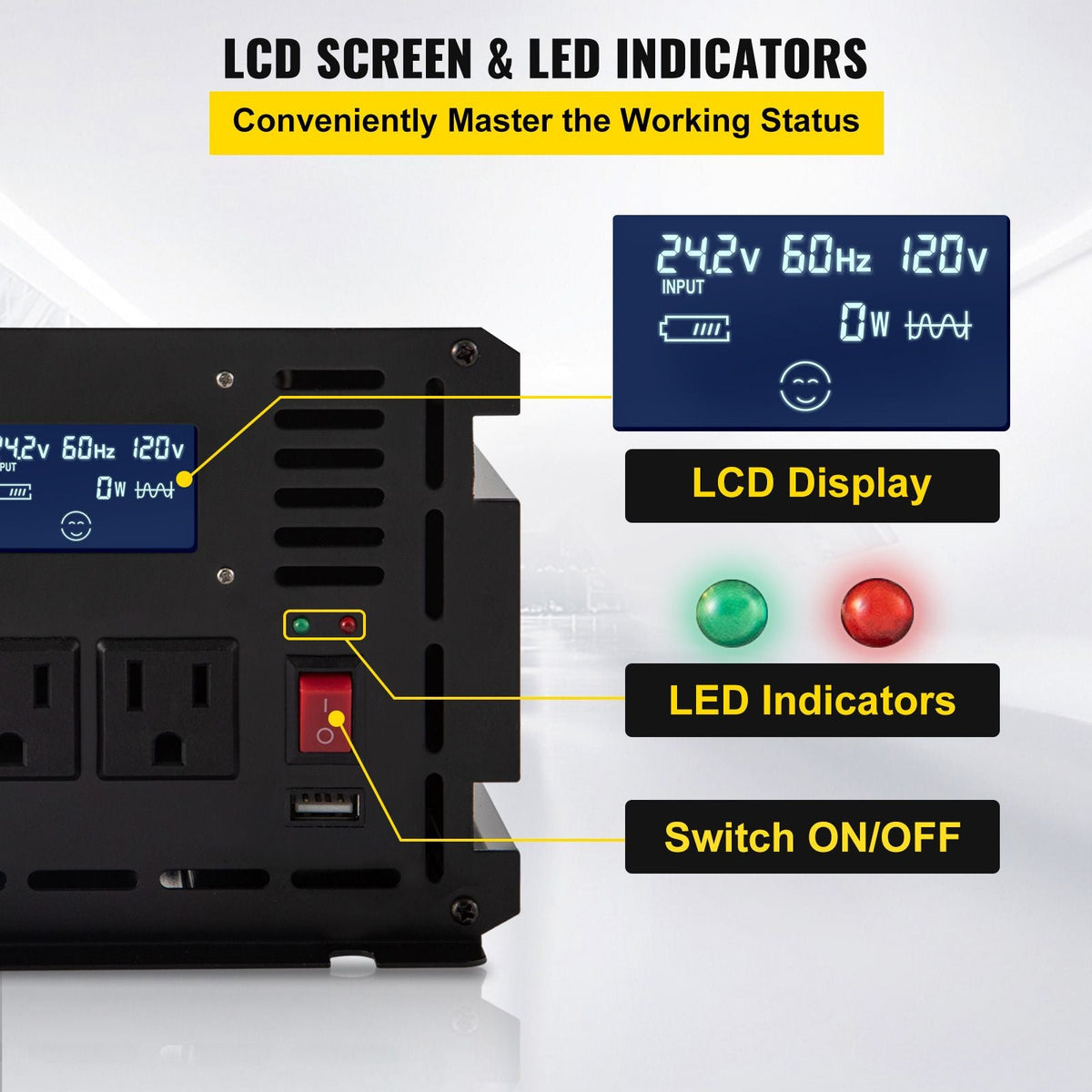 Power Inverter, 2000W Modified Sine Wave Inverter, DC 12V to AC 120V Car Converter, with LCD Display, Remote Controller, LED Indicator, AC Outlets Inverter for Truck RV Car Boat Travel Camping