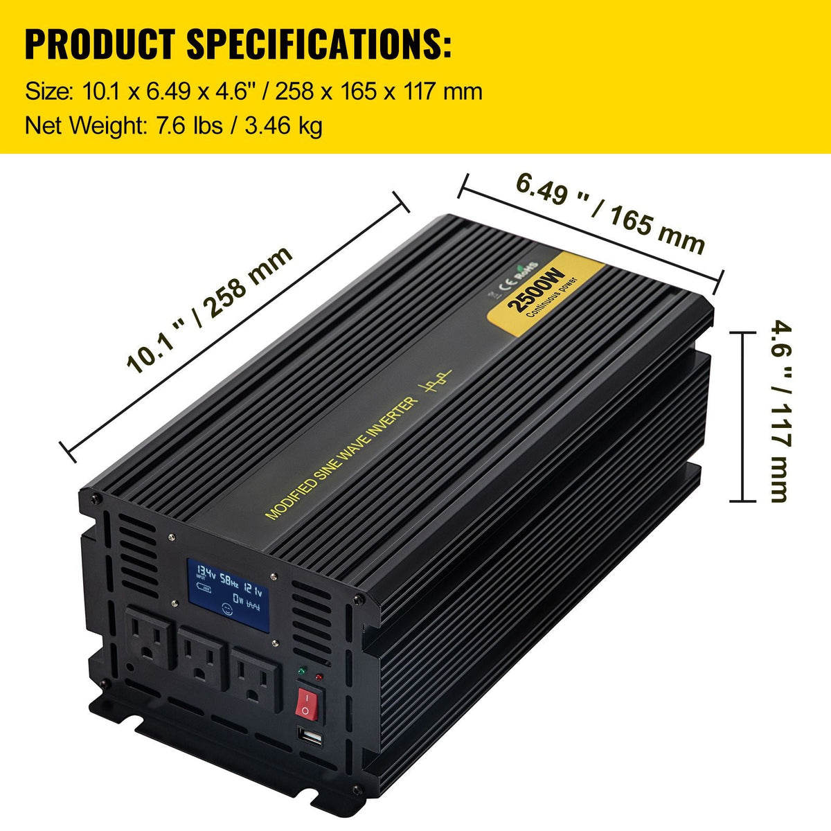Power Inverter, 2500W Modified Sine Wave Inverter, DC 12V to AC 120V Car Converter, with LCD Display, Remote Controller, LED Indicator, AC Outlets Inverter for Truck RV Car Boat Travel Camping