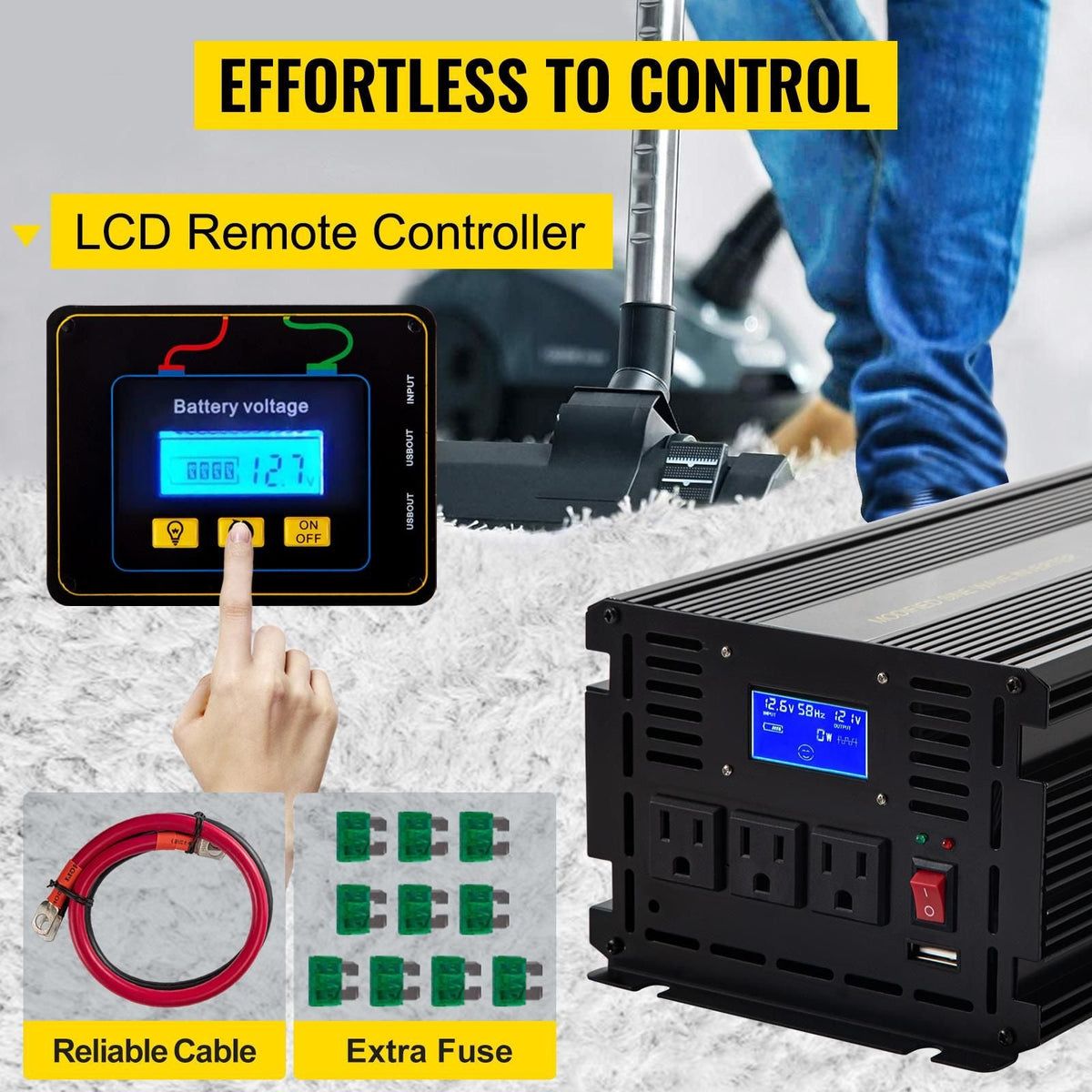 Power Inverter, 2500W Modified Sine Wave Inverter, DC 12V to AC 120V Car Converter, with LCD Display, Remote Controller, LED Indicator, AC Outlets Inverter for Truck RV Car Boat Travel Camping