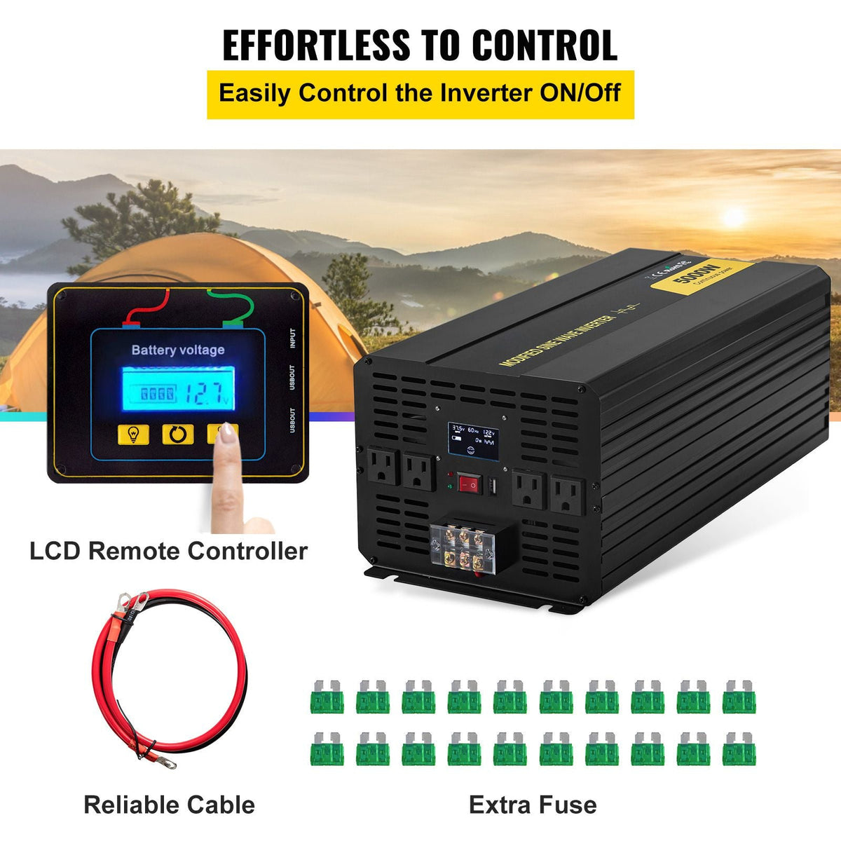 Power Inverter, 5000W Modified Sine Wave Inverter, DC 12V to AC 120V Car Converter, with LCD Remote Controller, LED Indicator, AC Outlets Inverter for Truck RV Car Boat Travel Camping Emergency