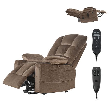 Power Lift Recliner Chair, Dual Motor, Large Electric Lift Chair with Heat and Massage for Elderly, Infinite Position Adjustment, Velvet Fabric, with Side and Front Pockets, Cup Holders, Brown