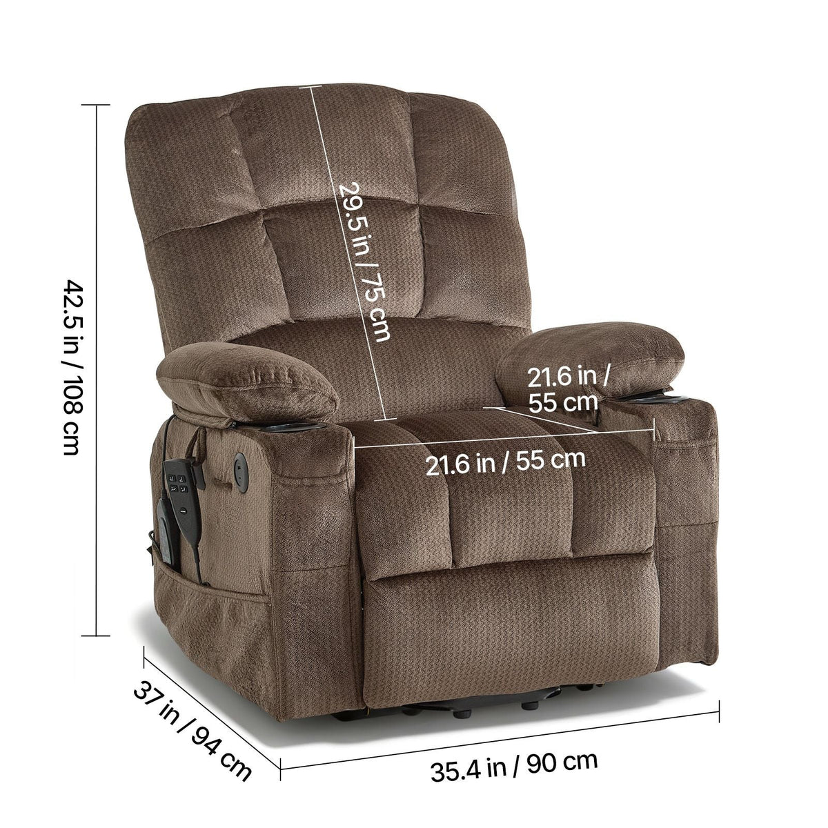 Power Lift Recliner Chair, Dual Motor, Large Electric Lift Chair with Heat and Massage for Elderly, Infinite Position Adjustment, Velvet Fabric, with Side and Front Pockets, Cup Holders, Brown