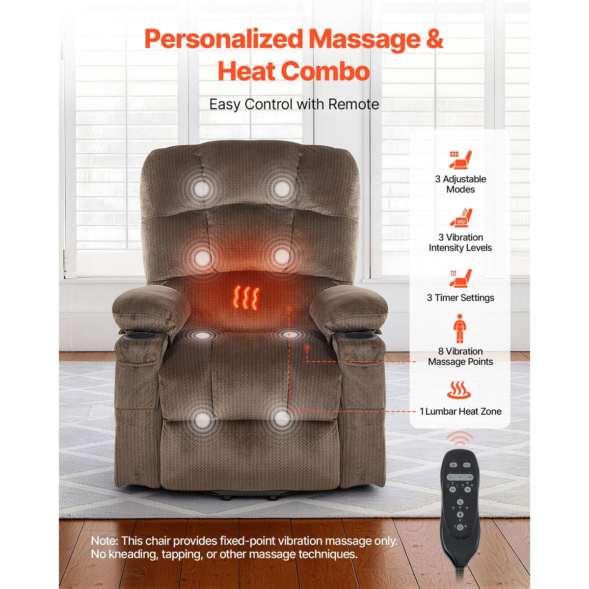 Power Lift Recliner Chair, Dual Motor, Large Electric Lift Chair with Heat and Massage for Elderly, Infinite Position Adjustment, Velvet Fabric, with Side and Front Pockets, Cup Holders, Brown