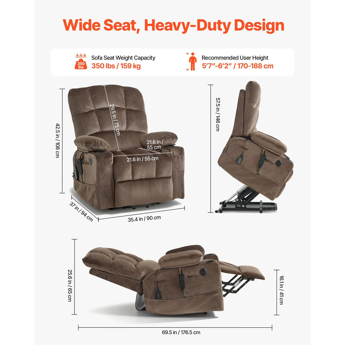 Power Lift Recliner Chair, Dual Motor, Large Electric Lift Chair with Heat and Massage for Elderly, Infinite Position Adjustment, Velvet Fabric, with Side and Front Pockets, Cup Holders, Brown