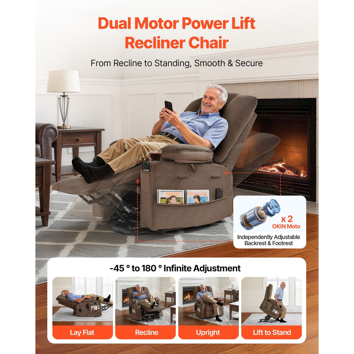 Power Lift Recliner Chair, Dual Motor, Large Electric Lift Chair with Heat and Massage for Elderly, Infinite Position Adjustment, Velvet Fabric, with Side and Front Pockets, Cup Holders, Brown