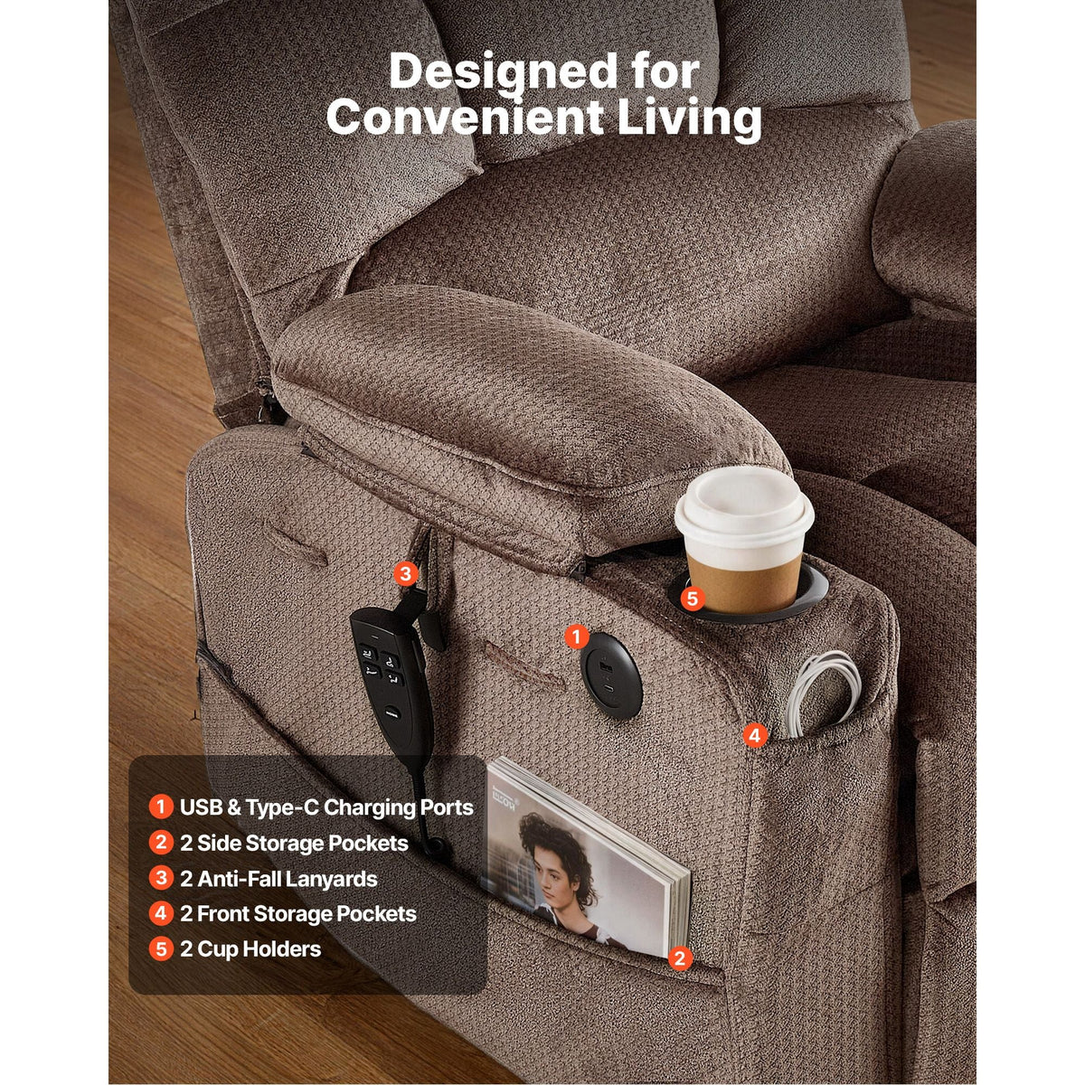 Power Lift Recliner Chair, Dual Motor, Large Electric Lift Chair with Heat and Massage for Elderly, Infinite Position Adjustment, Velvet Fabric, with Side and Front Pockets, Cup Holders, Brown
