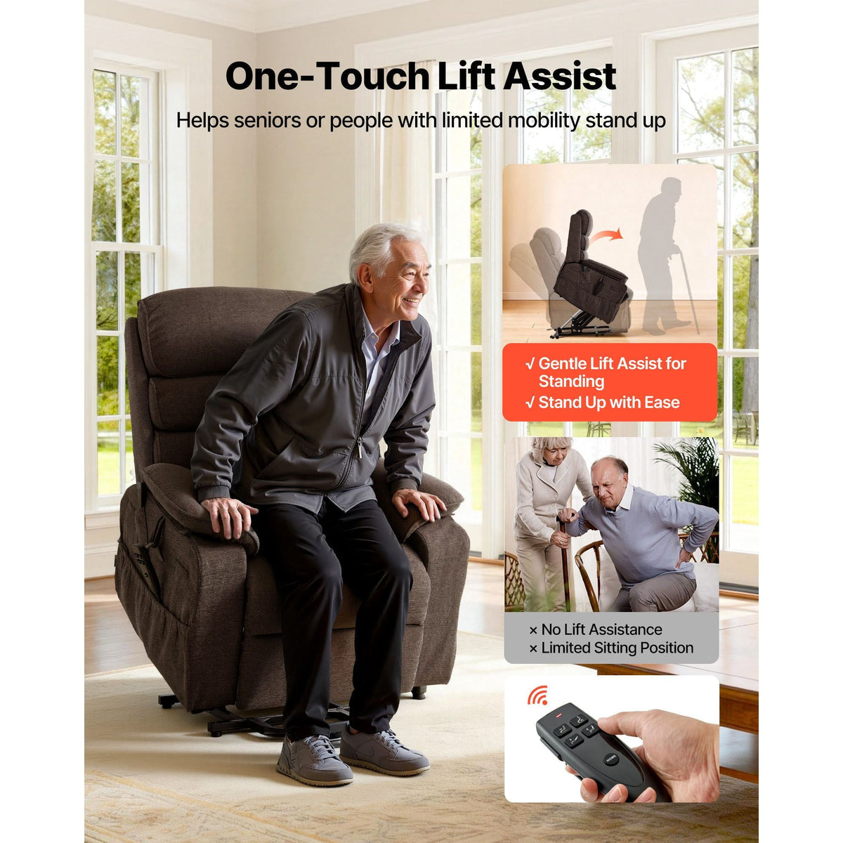 Power Lift Recliner Chair, Dual Motor Medium Lift Chair with Heat and Massage for Elderly, Position Adjustable, Remote Control, with Side Pockets, Chenille Fabric, Brown