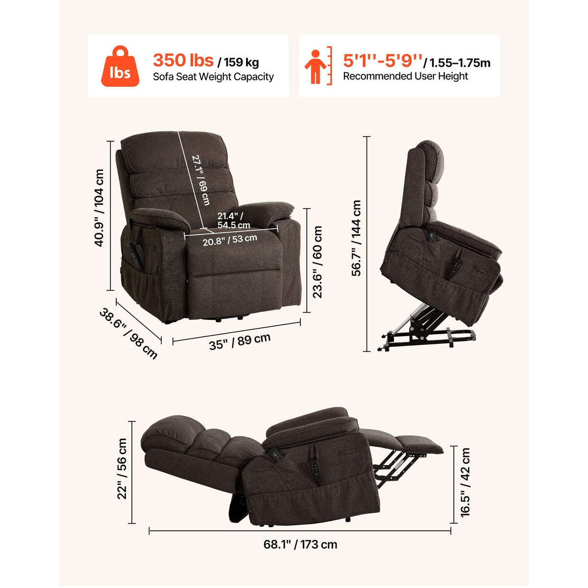 Power Lift Recliner Chair, Dual Motor Medium Lift Chair with Heat and Massage for Elderly, Position Adjustable, Remote Control, with Side Pockets, Chenille Fabric, Brown