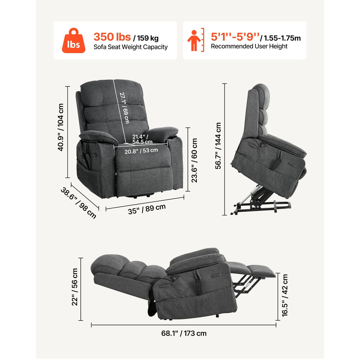 Power Lift Recliner Chair, Dual Motor Medium Lift Chair with Heat and Massage for Elderly, Position Adjustable, Remote Control, with Side Pockets, Chenille Fabric, Dark Gray