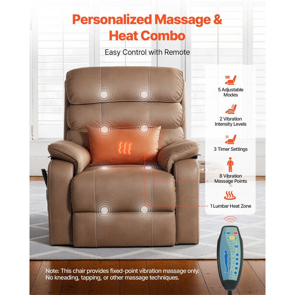 Power Lift Recliner Chair, Dual Motor, Medium Wide Electric Lift Chair with Heat and Massage for Elderly, Infinite Position Adjustment, Leather Surface, with Storage Pocket, Cup Holder, Brown