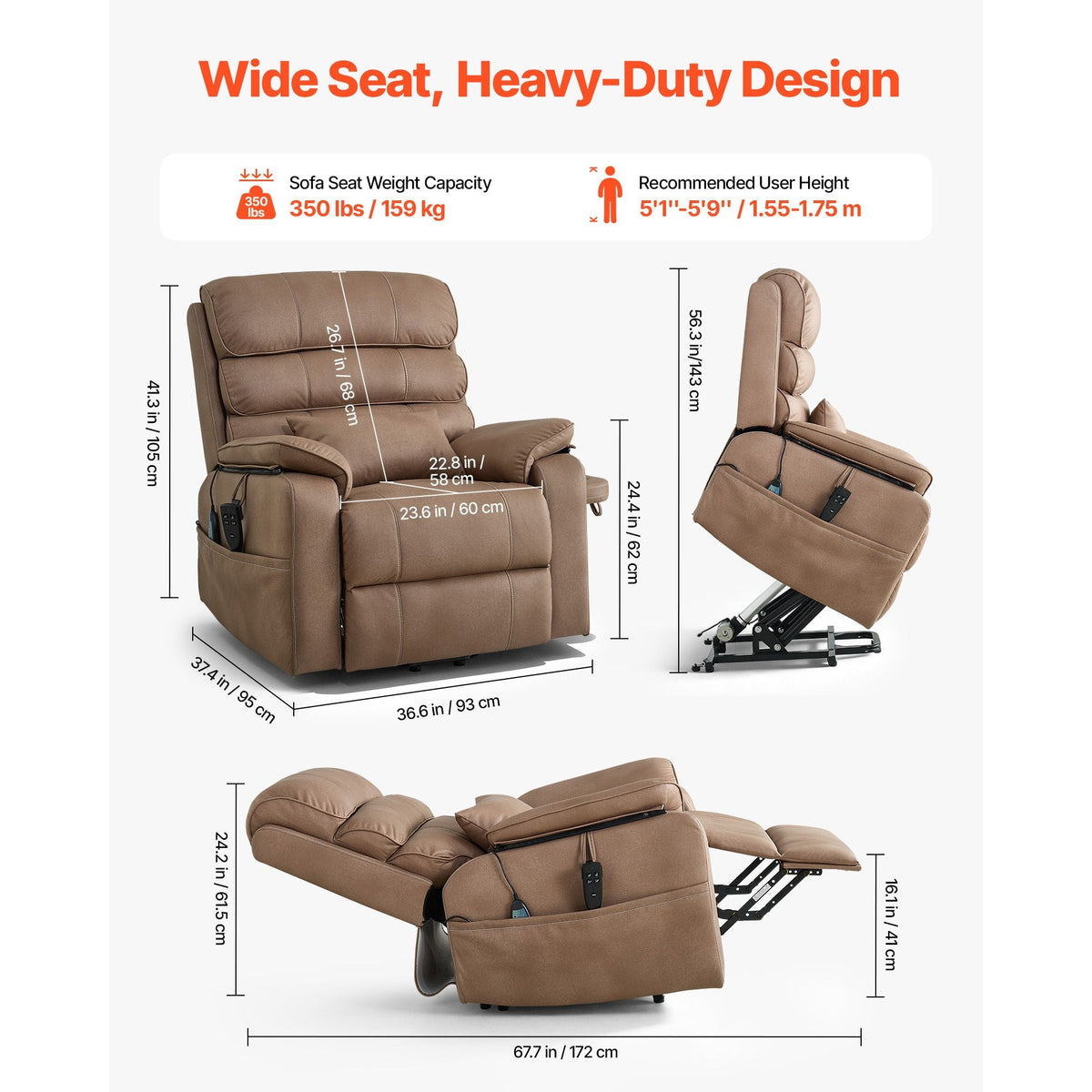 Power Lift Recliner Chair, Dual Motor, Medium Wide Electric Lift Chair with Heat and Massage for Elderly, Infinite Position Adjustment, Leather Surface, with Storage Pocket, Cup Holder, Brown
