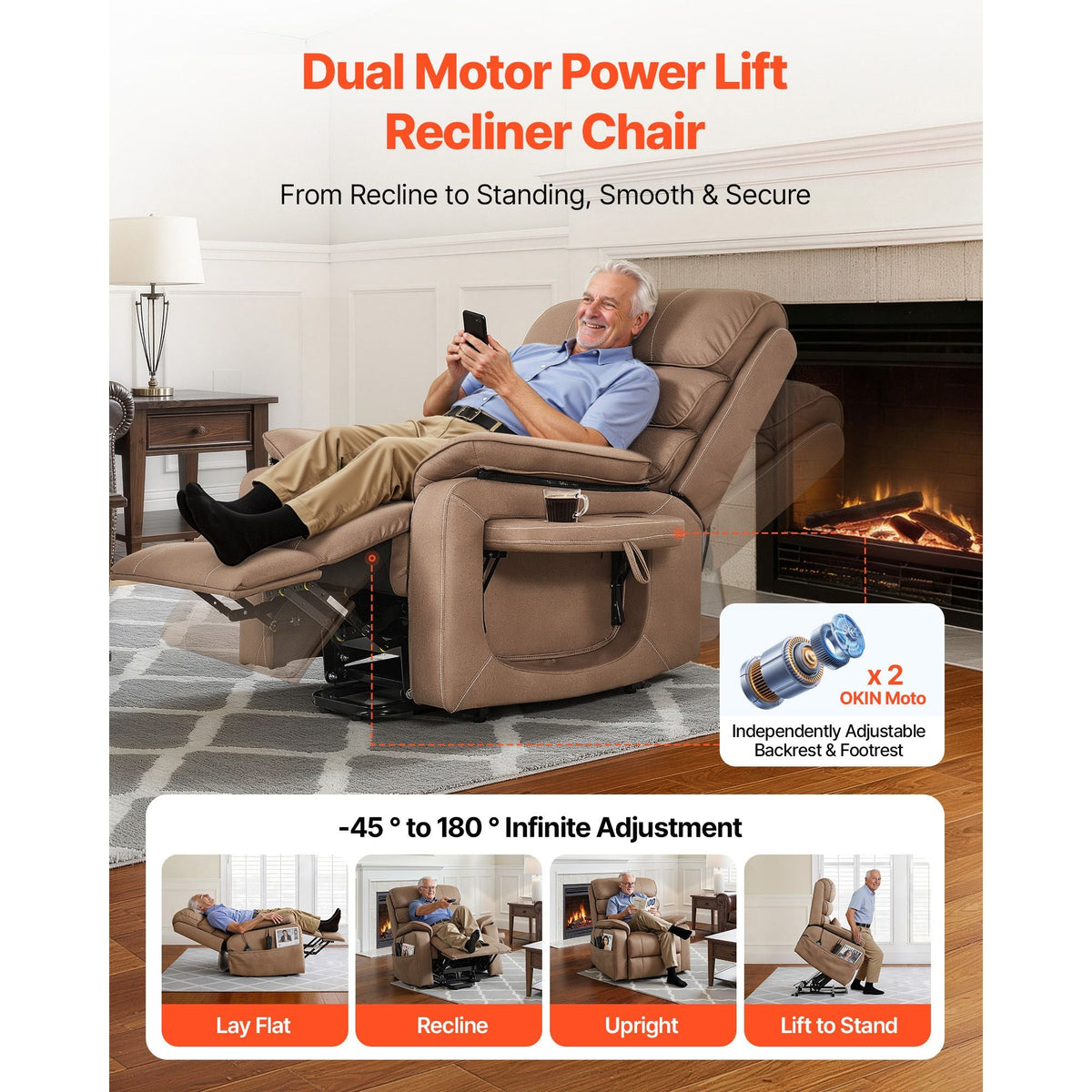 Power Lift Recliner Chair, Dual Motor, Medium Wide Electric Lift Chair with Heat and Massage for Elderly, Infinite Position Adjustment, Leather Surface, with Storage Pocket, Cup Holder, Brown