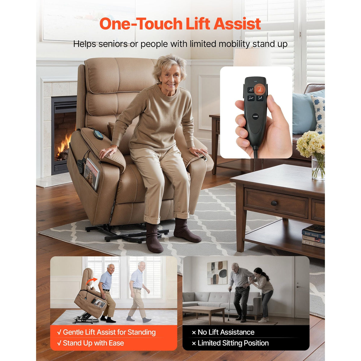 Power Lift Recliner Chair, Dual Motor, Medium Wide Electric Lift Chair with Heat and Massage for Elderly, Infinite Position Adjustment, Leather Surface, with Storage Pocket, Cup Holder, Brown