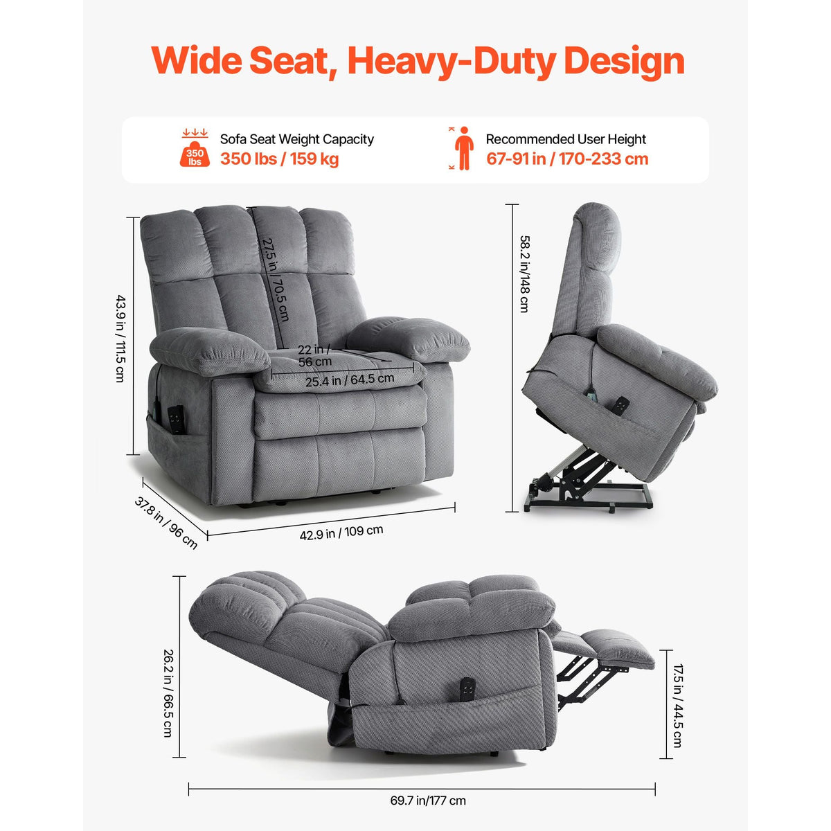 Power Lift Recliner Chair, Dual Motor, Oversized Electric Lift Chair with Heat and Massage for Elderly, Infinite Position Adjustment, Chenille Fabric, with Side Pockets, Cup Holders, Light Gray