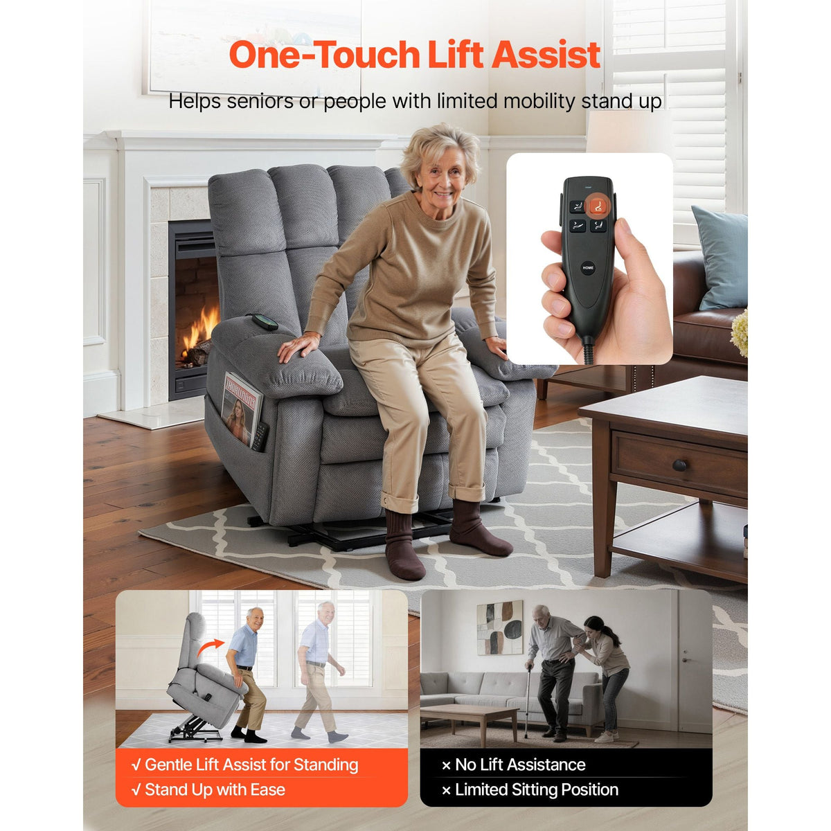 Power Lift Recliner Chair, Dual Motor, Oversized Electric Lift Chair with Heat and Massage for Elderly, Infinite Position Adjustment, Chenille Fabric, with Side Pockets, Cup Holders, Light Gray
