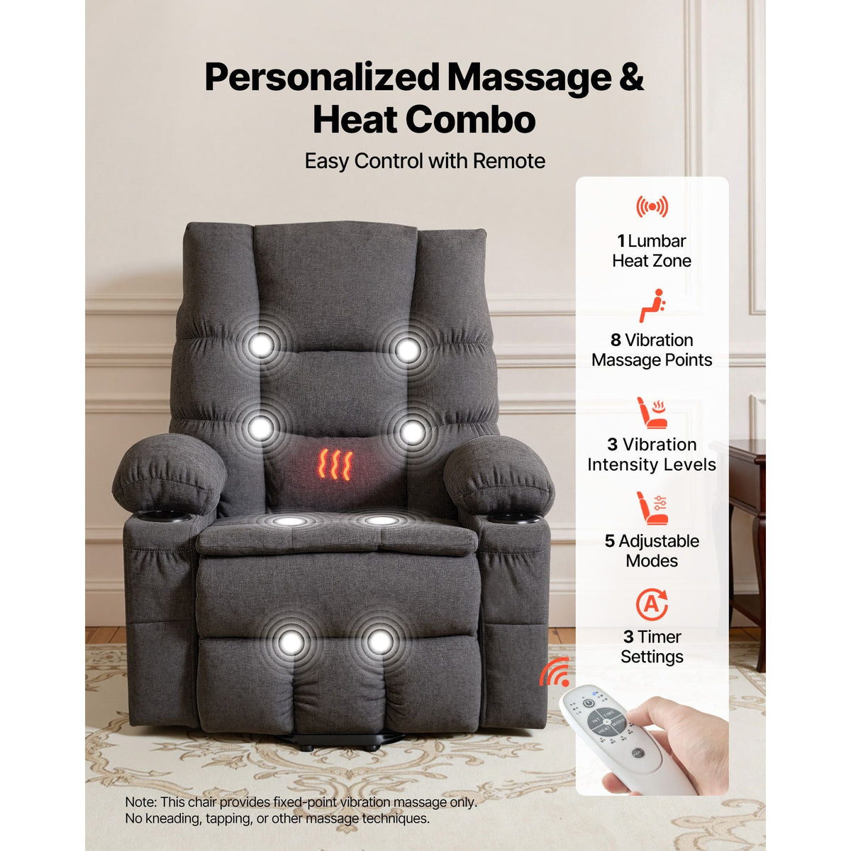 Power Lift Recliner Chair, Large Electric Lift Chair with Heat and Massage for Elderly, Infinite Position Adjustment, Chenille Fabric, with Side Pockets, Cup Holders and USB Port, Dark Gray