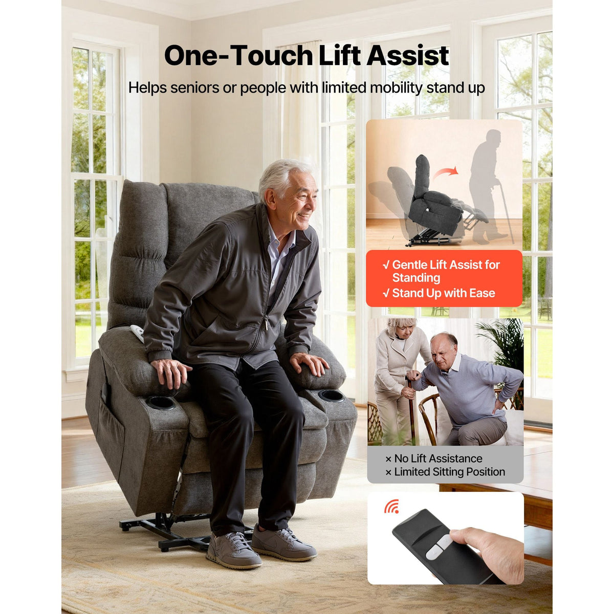Power Lift Recliner Chair, Large Electric Lift Chair with Heat and Massage for Elderly, Infinite Position Adjustment, Chenille Fabric, with Side Pockets, Cup Holders and USB Port, Dark Gray