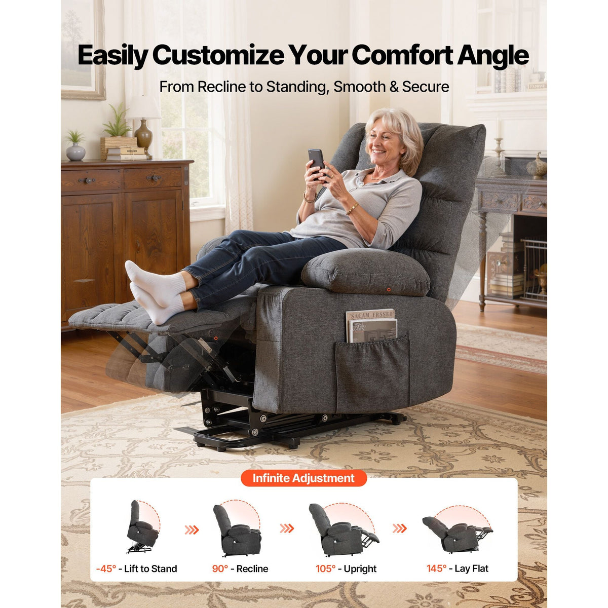 Power Lift Recliner Chair, Large Electric Lift Chair with Heat and Massage for Elderly, Infinite Position Adjustment, Chenille Fabric, with Side Pockets, Cup Holders and USB Port, Dark Gray
