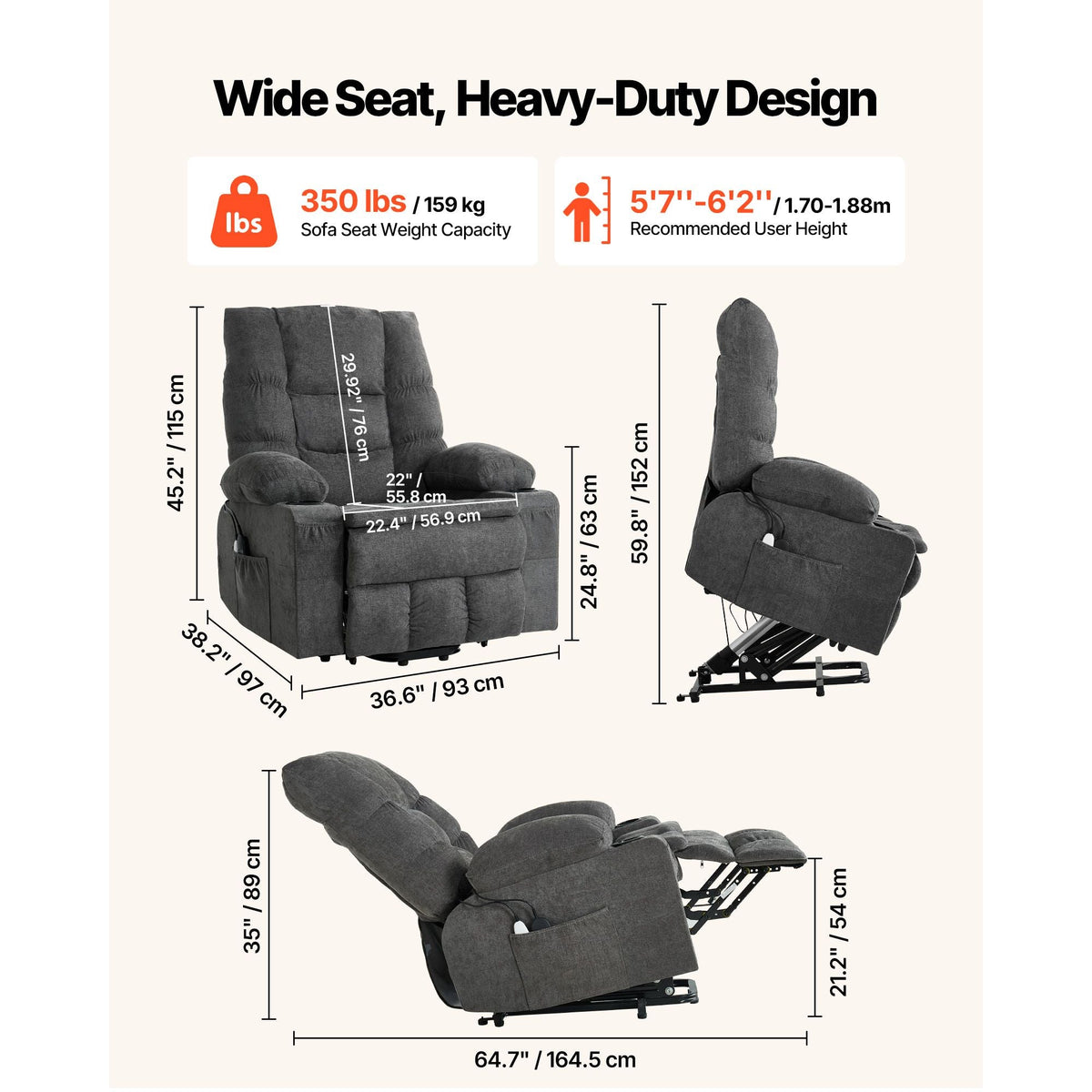 Power Lift Recliner Chair, Large Electric Lift Chair with Heat and Massage for Elderly, Infinite Position Adjustment, Chenille Fabric, with Side Pockets, Cup Holders and USB Port, Dark Gray