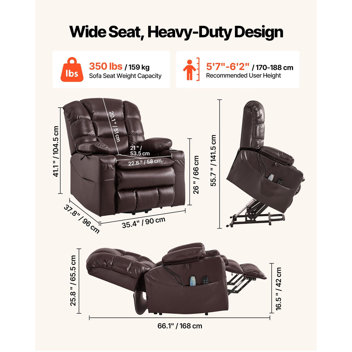 Power Lift Recliner Chair, Triple-Motor, Large Electric Lift Chair with Heat and Massage for Elderly, Infinite Position Adjustment, Leather Surface, with Storage Pockets and Cup Holders, Brown