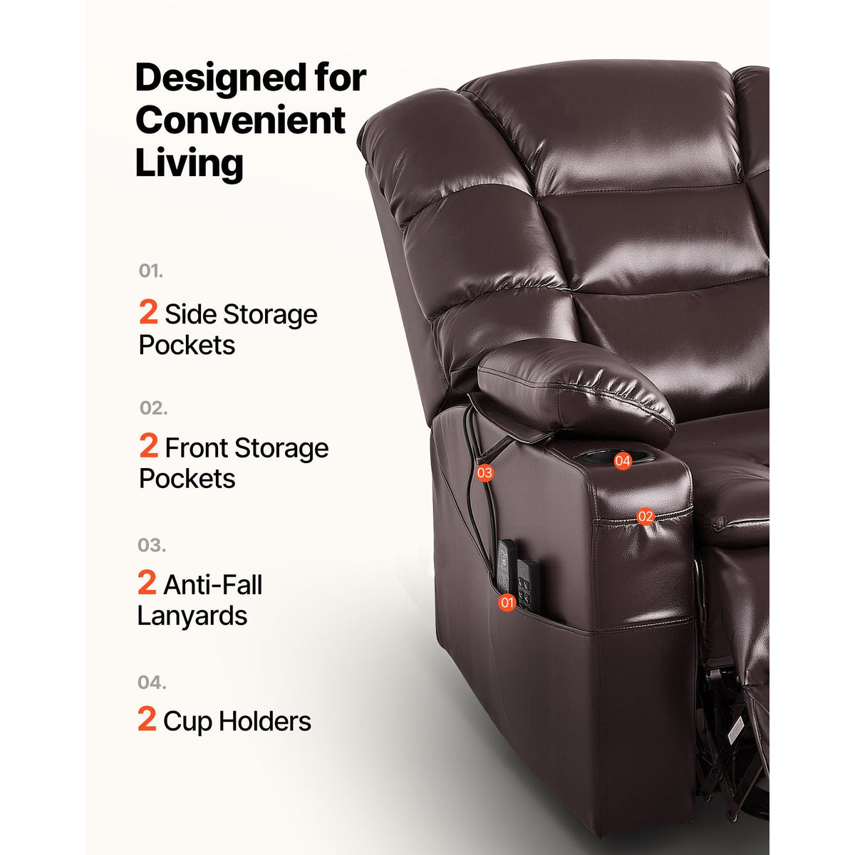 Power Lift Recliner Chair, Triple-Motor, Large Electric Lift Chair with Heat and Massage for Elderly, Infinite Position Adjustment, Leather Surface, with Storage Pockets and Cup Holders, Brown