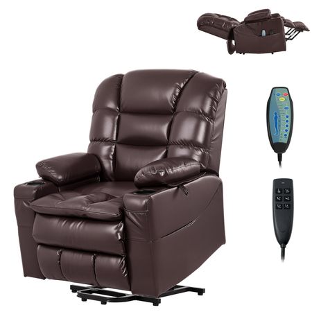 Power Lift Recliner Chair, Triple-Motor, Large Electric Lift Chair with Heat and Massage for Elderly, Infinite Position Adjustment, Leather Surface, with Storage Pockets and Cup Holders, Brown