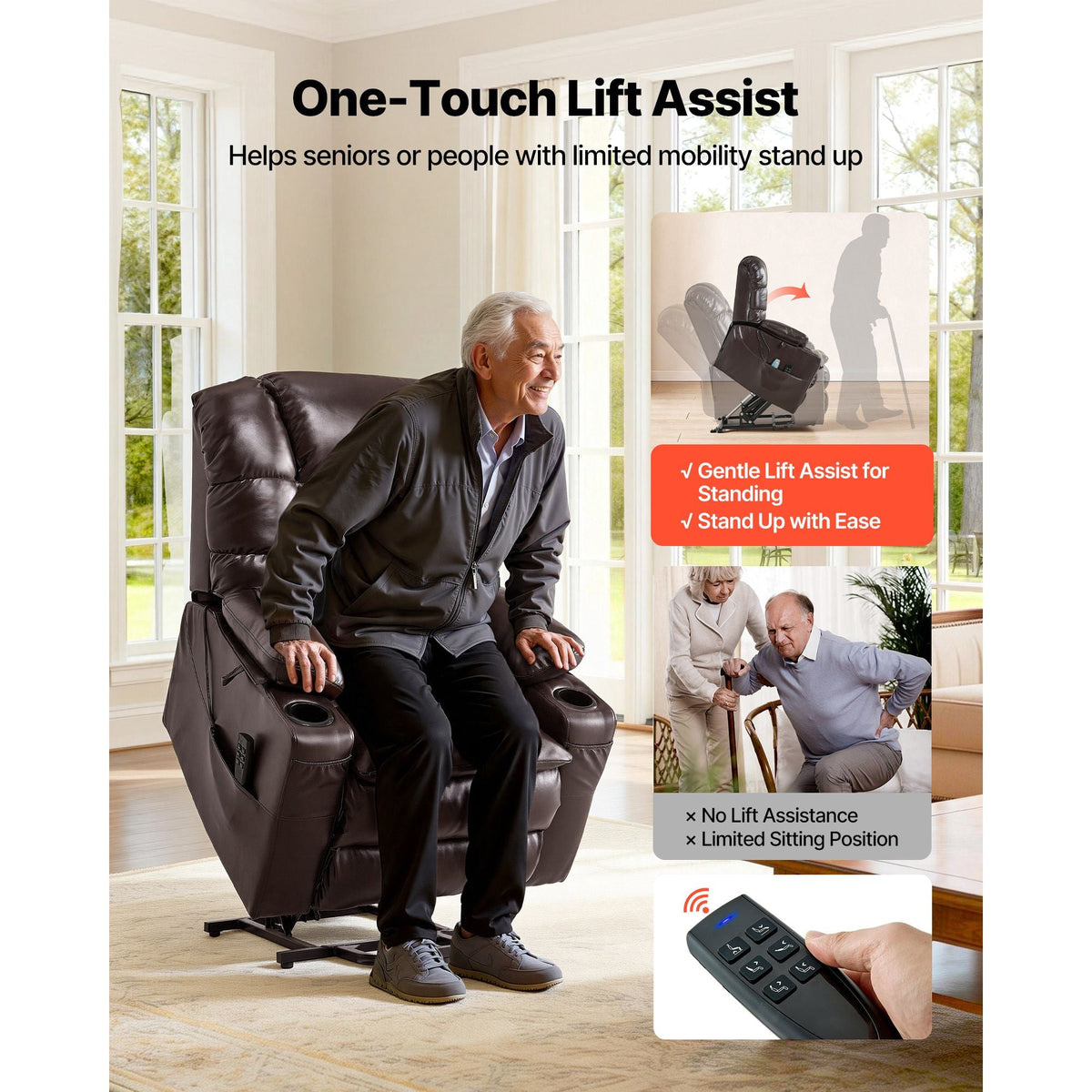 Power Lift Recliner Chair, Triple-Motor, Large Electric Lift Chair with Heat and Massage for Elderly, Infinite Position Adjustment, Leather Surface, with Storage Pockets and Cup Holders, Brown