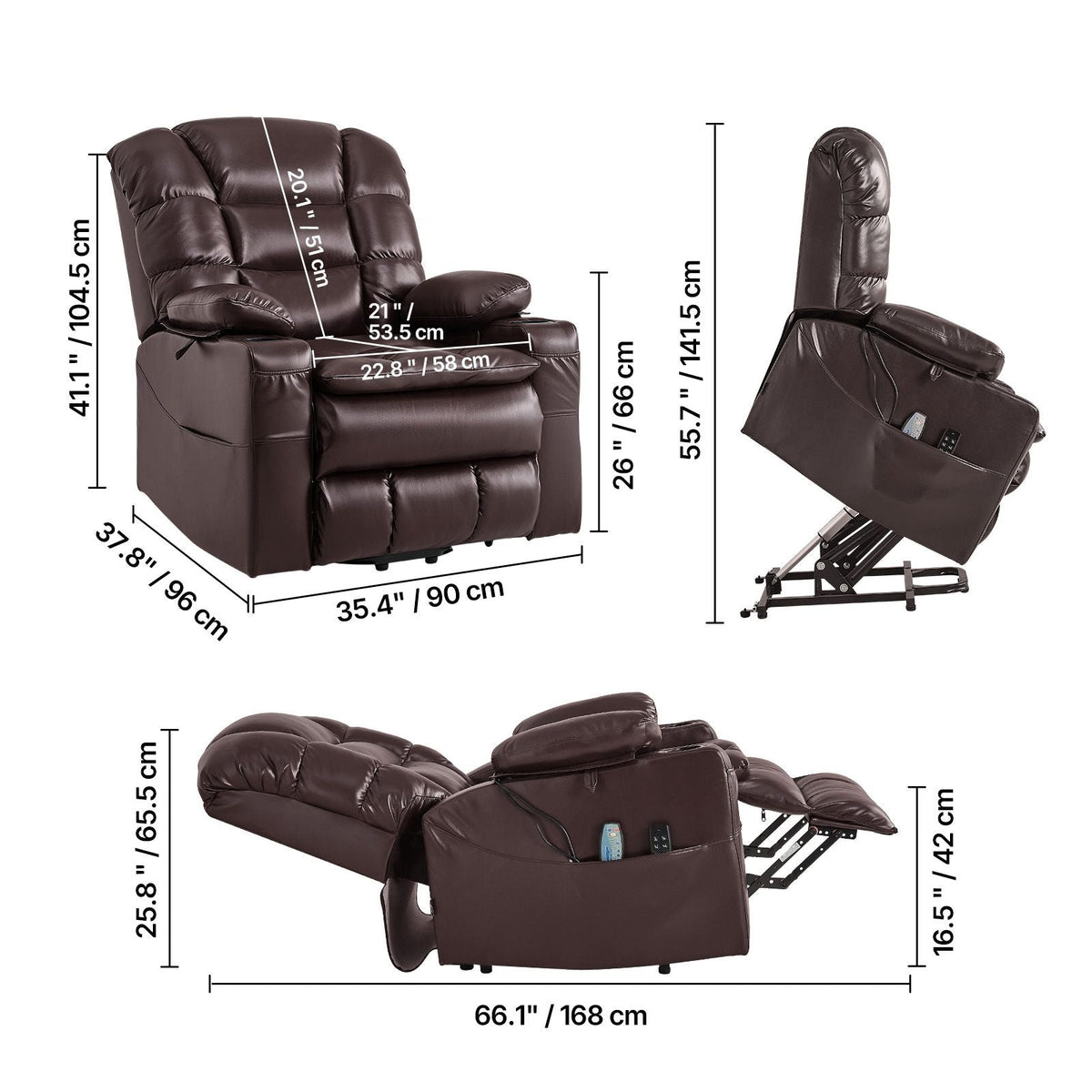 Power Lift Recliner Chair, Triple-Motor, Large Electric Lift Chair with Heat and Massage for Elderly, Infinite Position Adjustment, Leather Surface, with Storage Pockets and Cup Holders, Brown