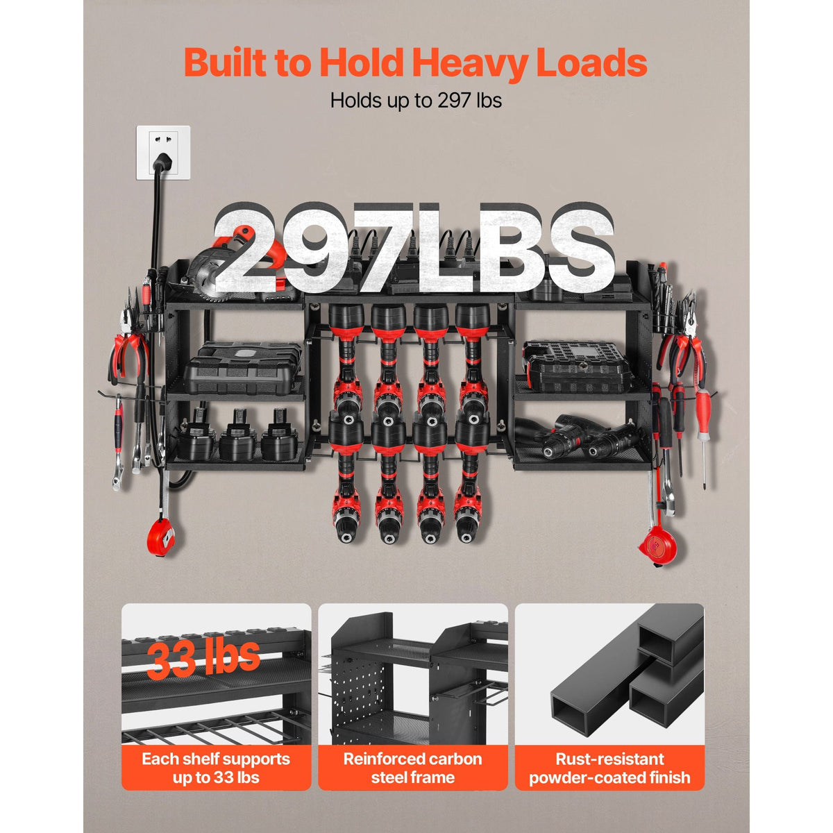 Power Tool Organizer with Charging Station, 3-Layer Power Tool Battery Storage Rack with 5.58 ft Power Strip, 8 Drill Holders & 8 Outlets, Garage Tool Organizer for Garage, Workbench, Workshop