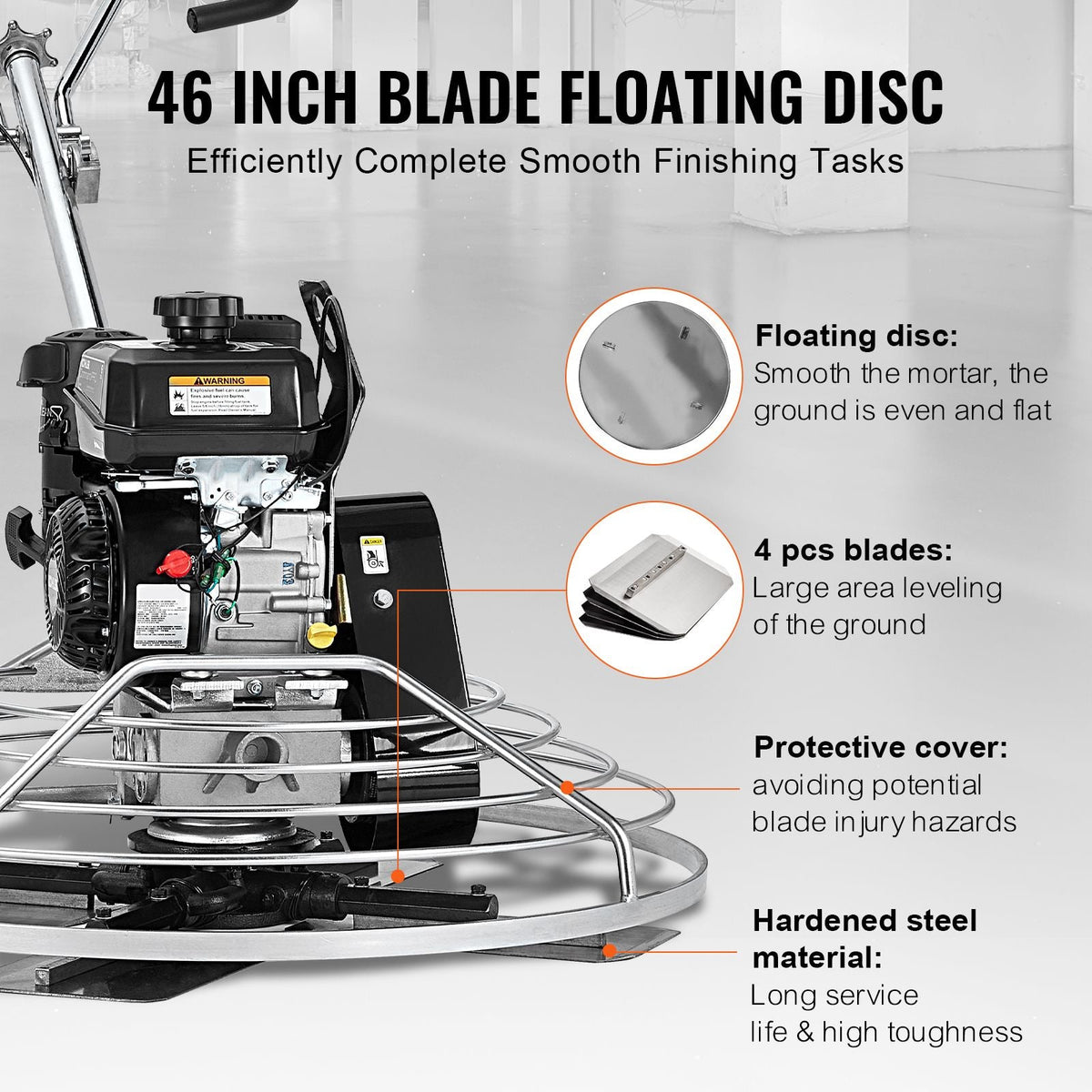 Power Trowel, 46' Walk-Behind Cement Trowel with Float Pan, 14HP Gas-Powered Smooth Concrete Surface Finisher, Heavy Duty Commercial Screed Concrete Cement with Finishing Blade, Orange