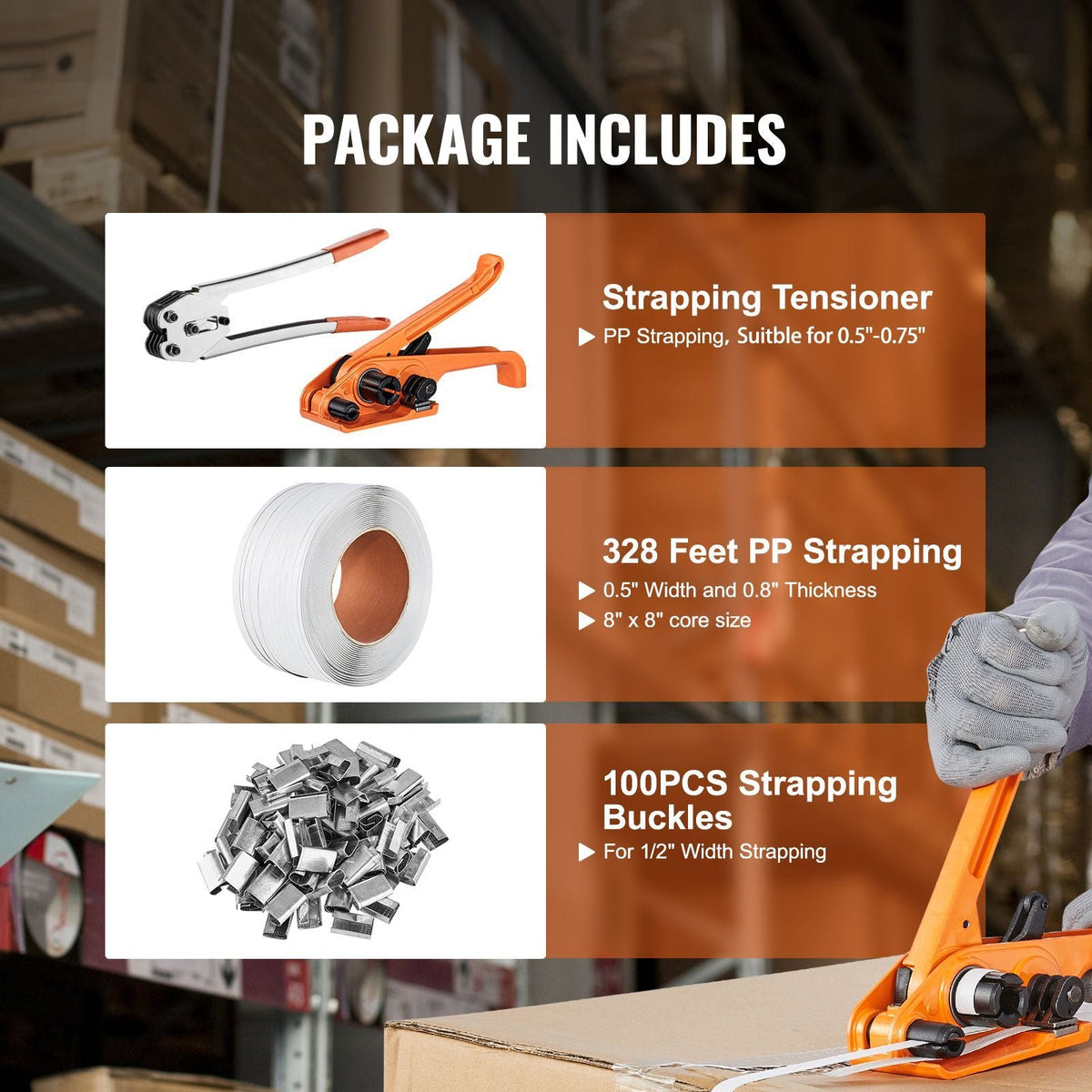 PP Banding Strapping Kit with Strapping Tensioner Tool, Banding Sealer Tool, 328 ft Length, 100 Metal Seals, Pallet Packaging Strapping Banding Kit, Banding Packaging Strapping for Packing