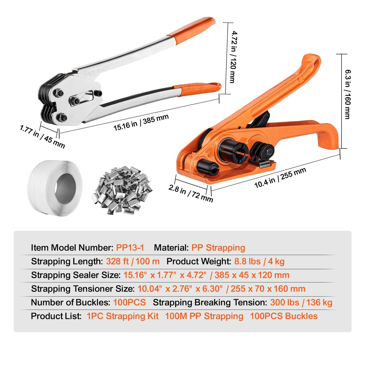 PP Banding Strapping Kit with Strapping Tensioner Tool, Banding Sealer Tool, 328 ft Length, 100 Metal Seals, Pallet Packaging Strapping Banding Kit, Banding Packaging Strapping for Packing