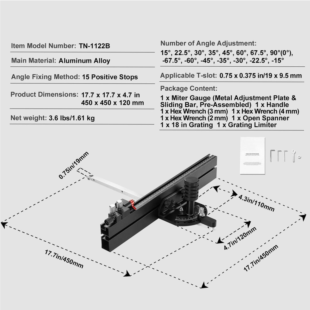 Precision Miter Gauge, Standard Slot 3/4'' x 3/8'', Aluminum Alloy Table Saw Miter Gauge with 18 in Grating 15 Angle Stops Adjustable Spring Loaded Plunger and Removable Disc, for Woodworking