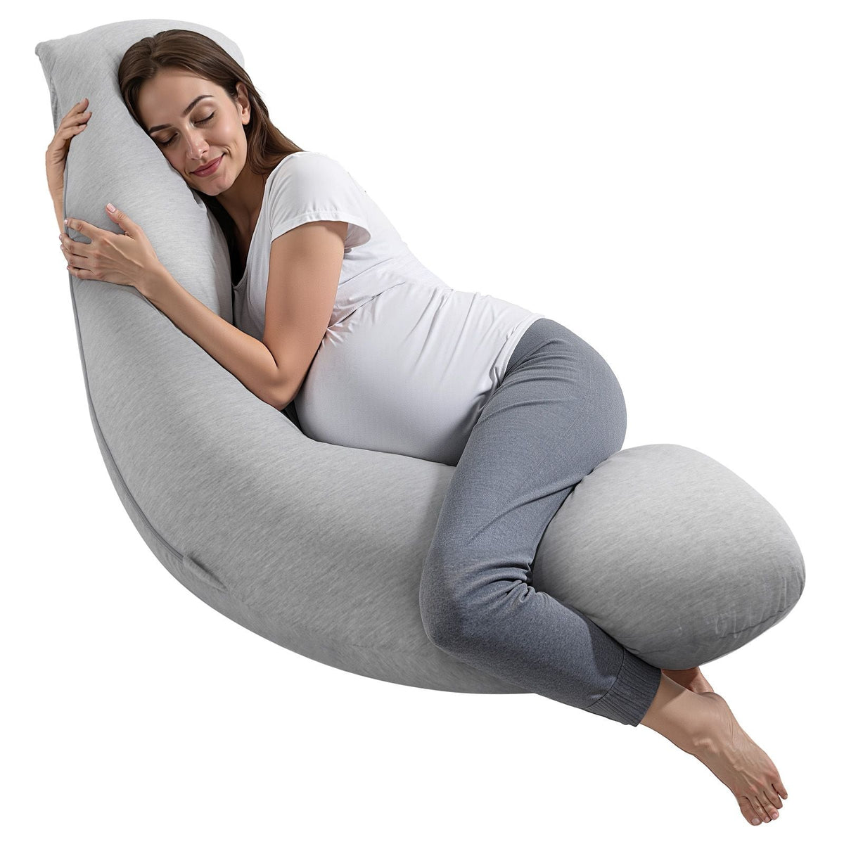 Pregnancy Pillows for Side Sleeping, L-Shaped Maternity Pillow for Pregnant Women, Soft & Breathable Pregnancy Body Pillow with Washable Jersey Cover for Head Neck Belly Leg Support, Light Gray