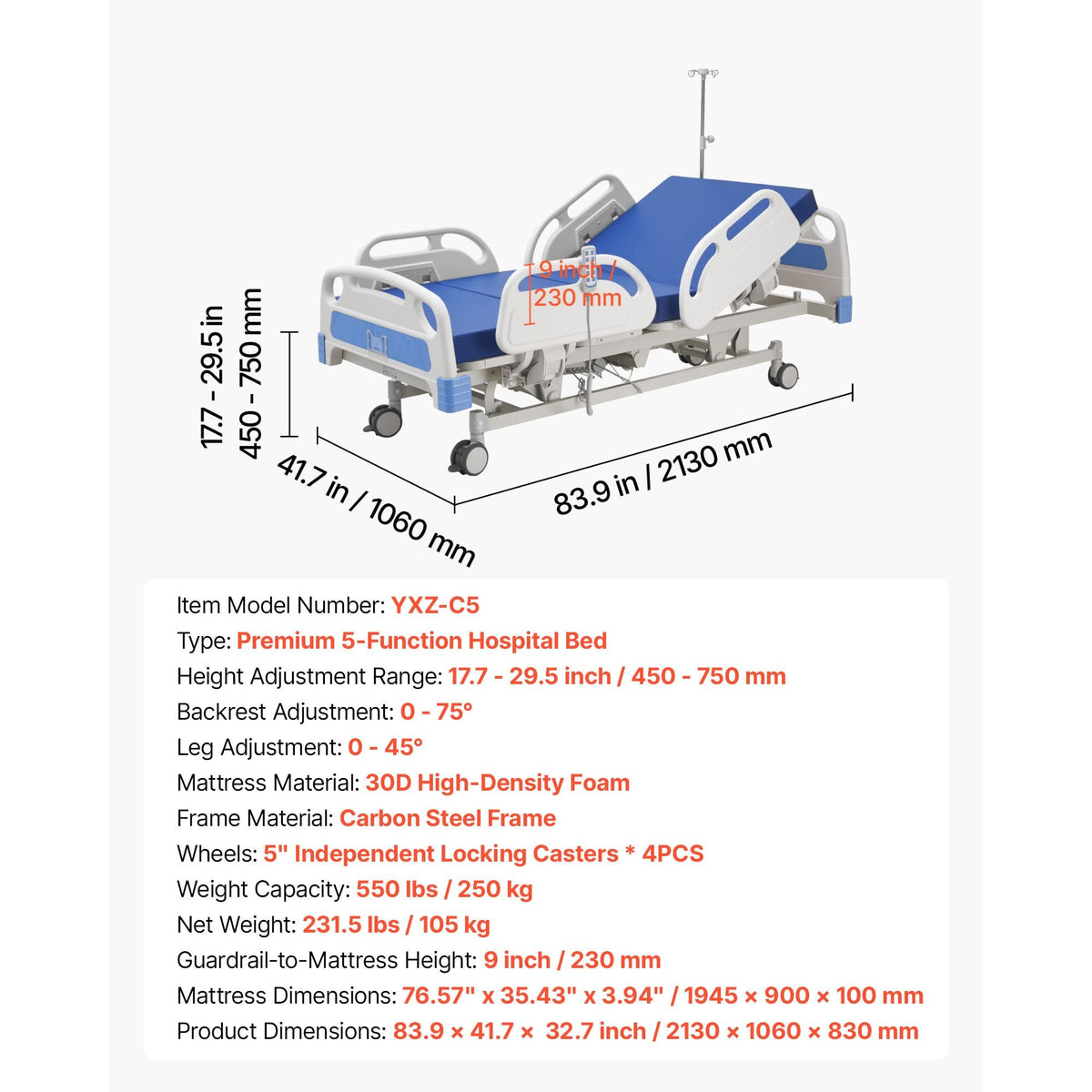 Premium 5 Function Full Electric Hospital Bed, ICU Electric Medical Bed with Trendelenburg & Reverse Trendelenburg, 5" Locking Casters & High-Density Mattress for Home Hospital, 550LBS Loading