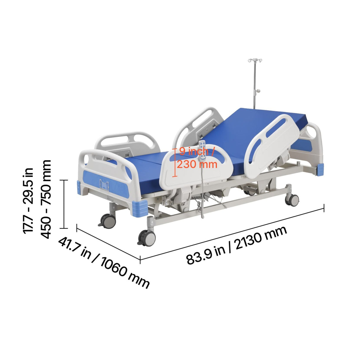 Premium 5 Function Full Electric Hospital Bed, ICU Electric Medical Bed with Trendelenburg & Reverse Trendelenburg, 5" Locking Casters & High-Density Mattress for Home Hospital, 550LBS Loading