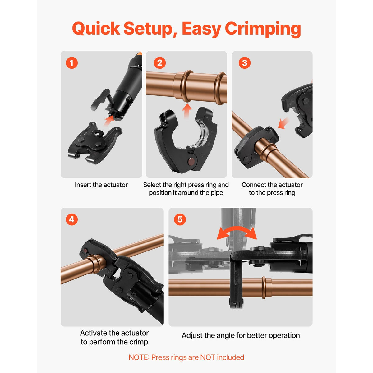 Press Actuator for Compact Series Press Tools, Compatible with 1/2", 3/4", 1" & 1-1/4" Press Rings for ProPress Copper Pipes - Works with 24KN Press Tools (Ring NOT Included)