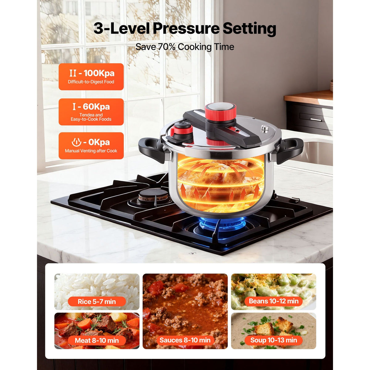 Pressure Cooker, 10Qt Pressure Cooker Stainless Steel, Pressures Canner with Steaming Rack, Tempered Glass Lid, Three Pressures Settings for Meat, Beans, Rice, Soup, Sauces, Cook up to 100 kPa