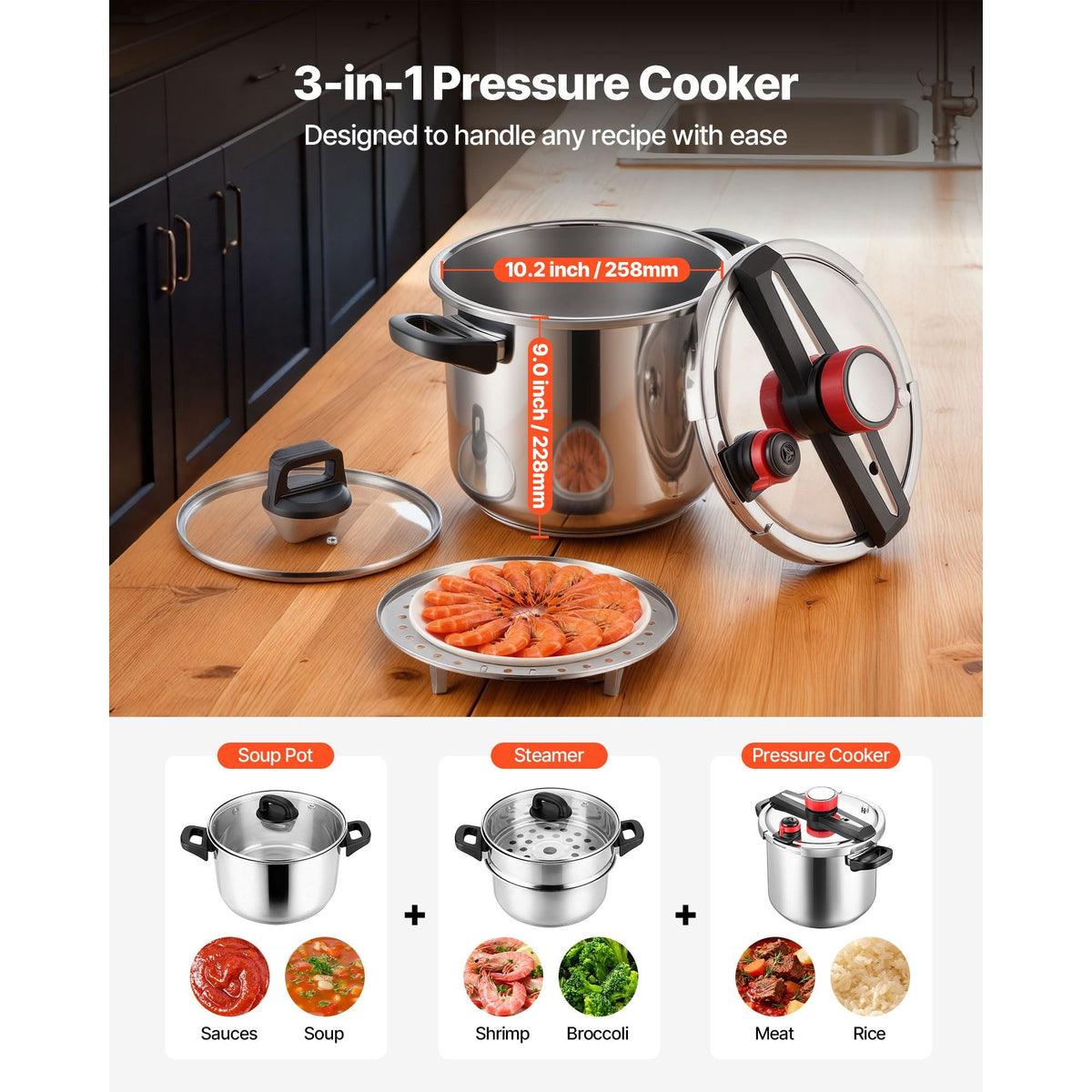 Pressure Cooker, 12Qt Pressure Cooker Stainless Steel, Pressures Canner with Steaming Rack, Tempered Glass Lid, Three Pressures Settings for Meat, Beans, Rice, Soup, Sauces, Cook up to 100 kPa