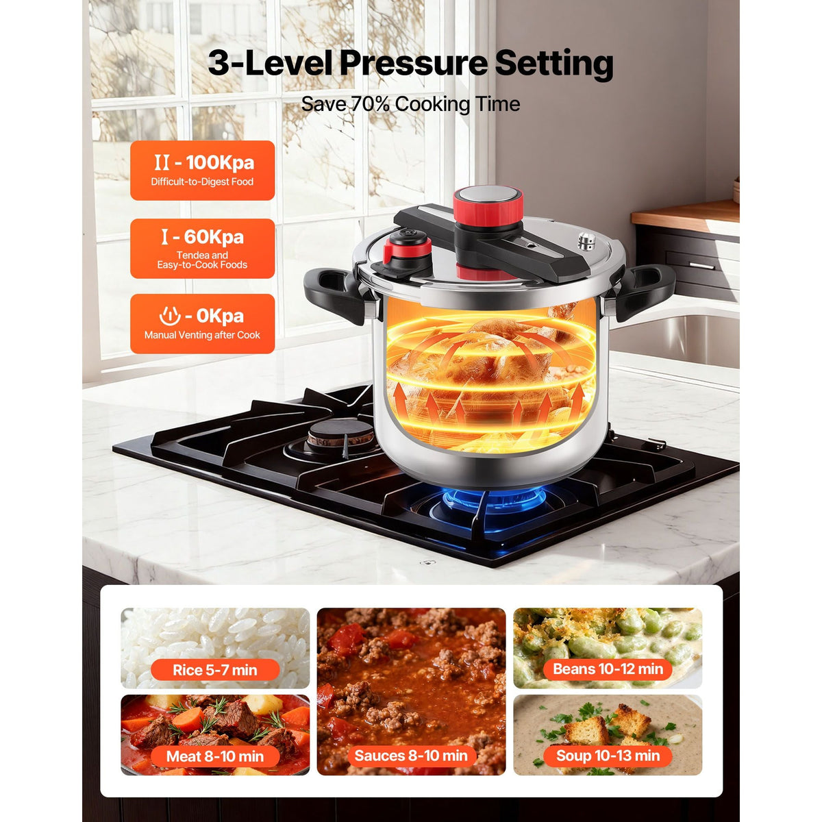 Pressure Cooker, 12Qt Pressure Cooker Stainless Steel, Pressures Canner with Steaming Rack, Tempered Glass Lid, Three Pressures Settings for Meat, Beans, Rice, Soup, Sauces, Cook up to 100 kPa