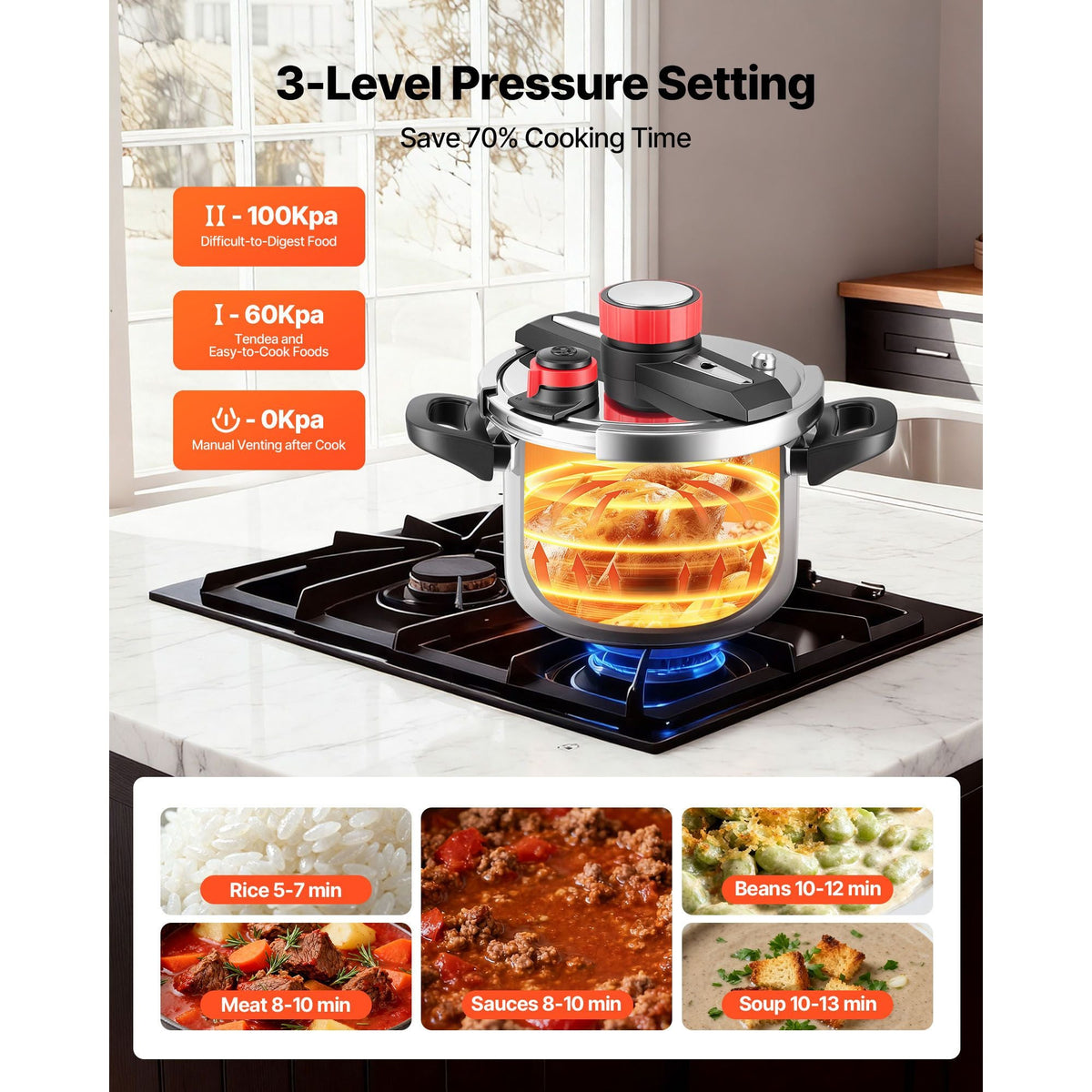 Pressure Cooker, 6.3Qt Pressure Cooker Stainless Steel, Pressures Canner with Steaming Rack, Tempered Glass Lid, Three Pressures Settings for Meat, Beans, Rice, Soup, Sauces, Cook up to 100 kPa