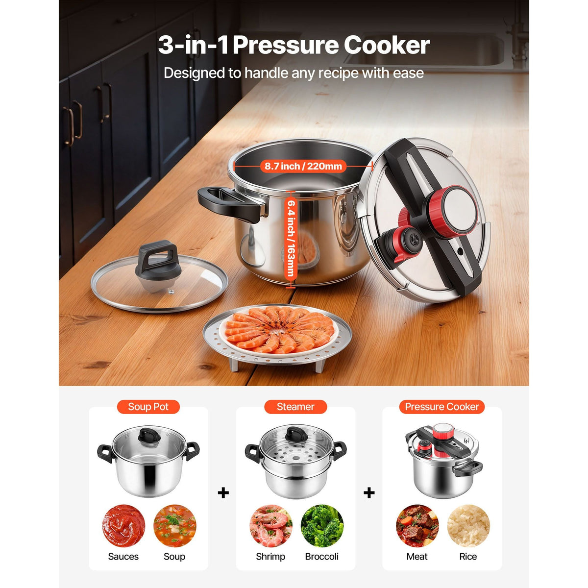 Pressure Cooker, 6.3Qt Pressure Cooker Stainless Steel, Pressures Canner with Steaming Rack, Tempered Glass Lid, Three Pressures Settings for Meat, Beans, Rice, Soup, Sauces, Cook up to 100 kPa