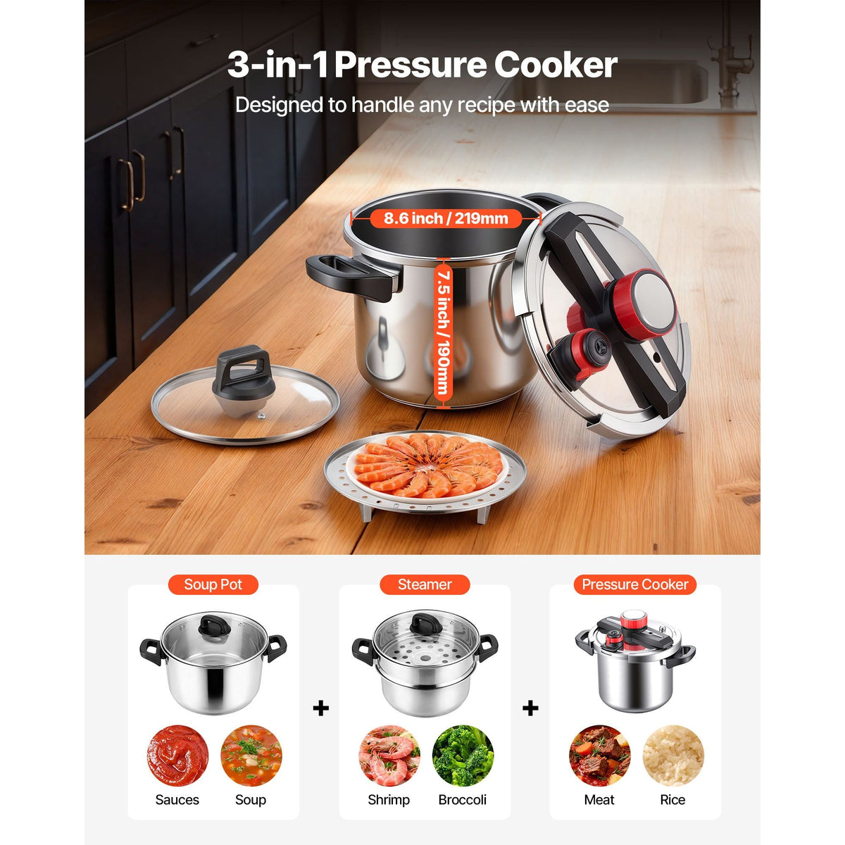 Pressure Cooker, 8Qt Pressure Cooker Stainless Steel, Pressures Canner with Steaming Rack, Tempered Glass Lid, Three Pressures Settings for Meat, Beans, Rice, Soup, Sauces, Cook up to 100 kPa