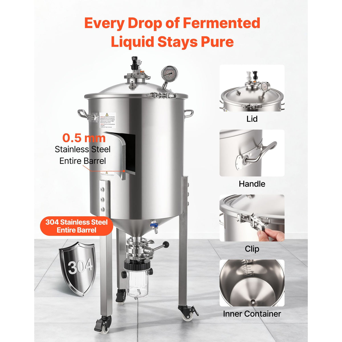 Pressure Fermenter 15 PSI, 16 Gal/60L All-in-One Stainless Steel Conical Secondary Fermentation Bucket, with Cooling Tube, Yeast Slurry Collection Bottle, for Wine, Beer Brewing Equipment